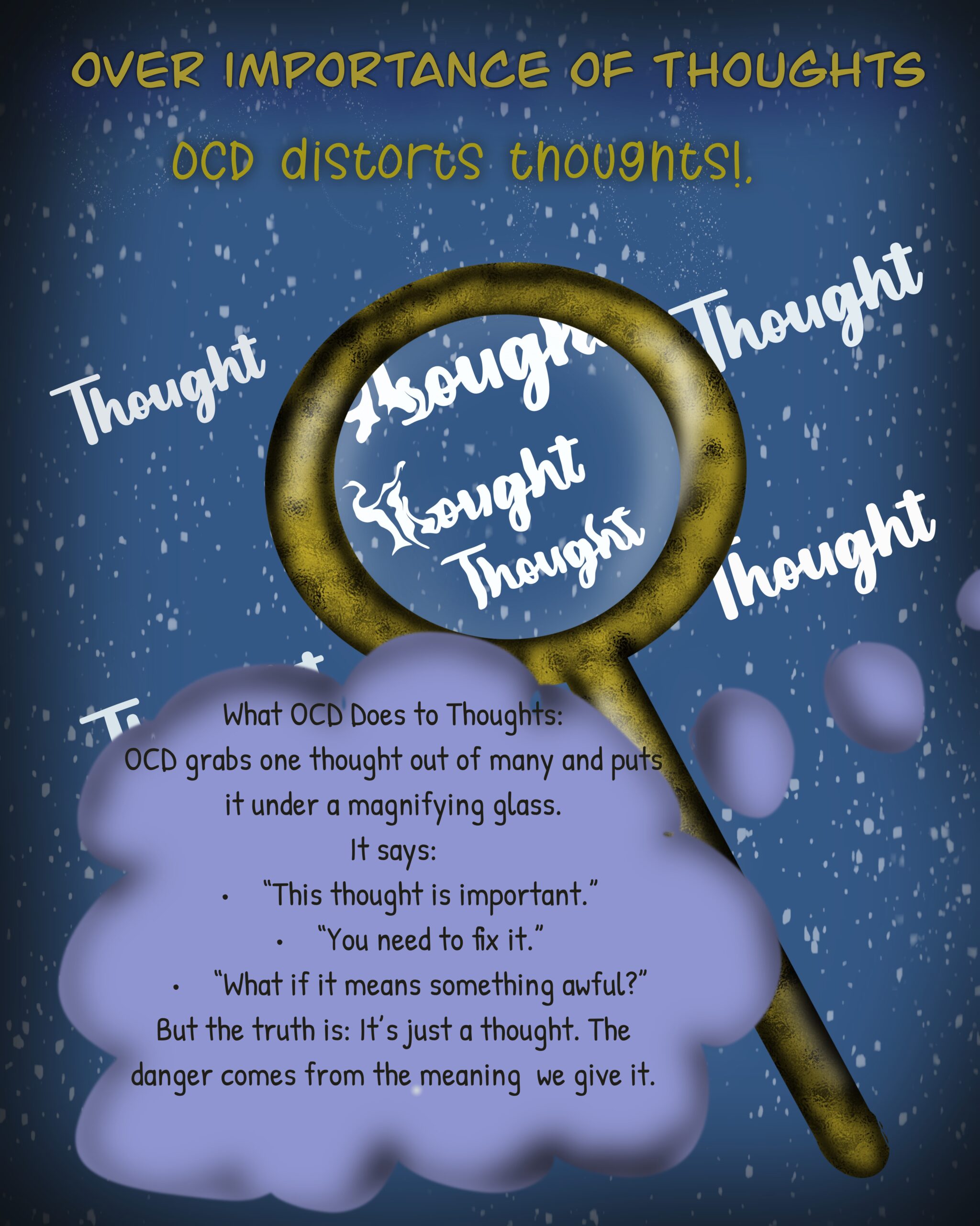 OCD overimportance of thoughts illustration showing magnifying glass enlarging intrusive thoughts