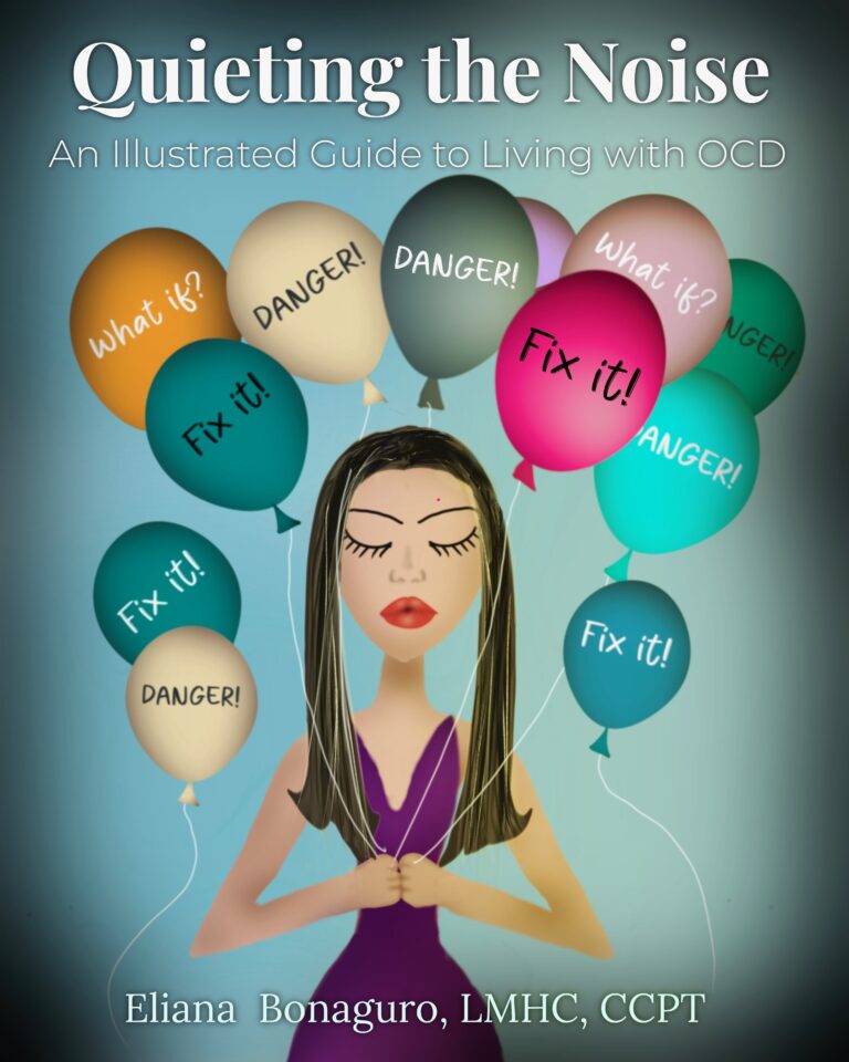 Book Cover of Quieting the Noice: an illustrated OCD treatment guide by Therapist Eliana Bonaguro providing OCD therapy in New York including Manhattan, Queens, Brooklyn and beyond