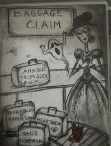 Illustration representing anxiety and emotional baggage, showing a woman at a baggage claim with suitcases labeled heartbreak, bullying, and past trauma, symbolizing anxiety treatment in New York City NYC and Florida for worry, overthinking, and unresolved emotional stress.