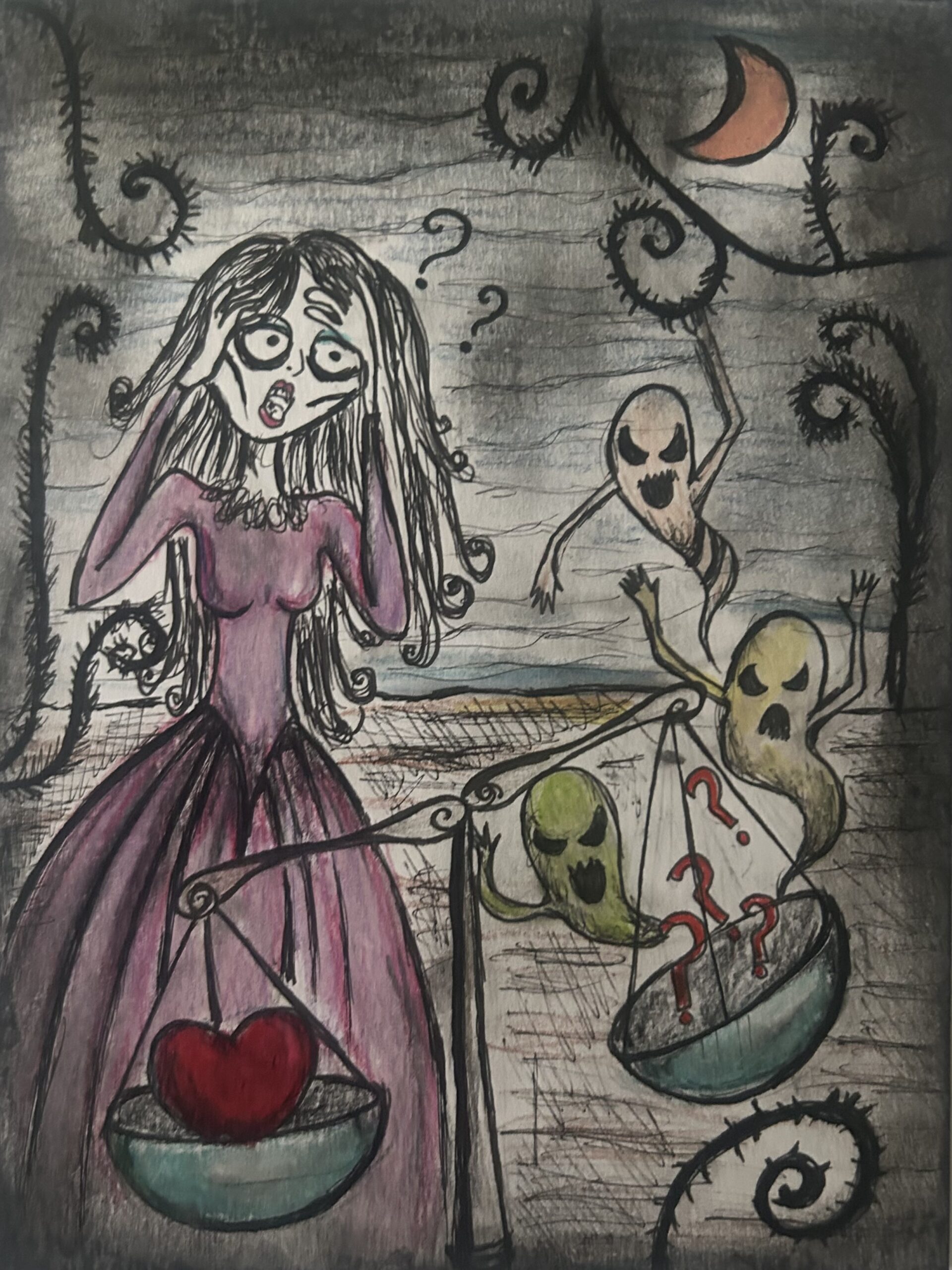 Relationship OCD illustration of a woman holding a scale weighing a heart against intrusive doubts and question marks, representing relationship OCD anxiety and uncertainty about love.
