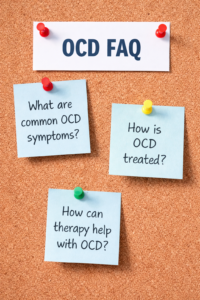 OCD FAQ section with common questions about symptoms, treatment, and how therapy helps