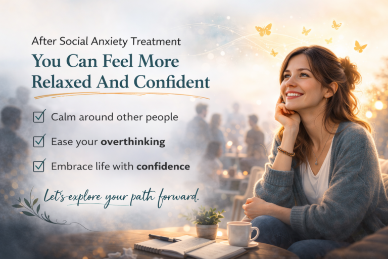 Woman feeling calm and confident in a social setting after social anxiety treatment in NYC and Florida.