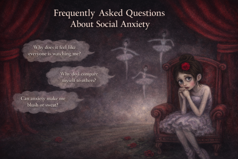 Landscape illustration of a young ballerina sitting nervously on a stage beneath red curtains while ghostlike dancers float behind her, representing social anxiety and fear of judgment.