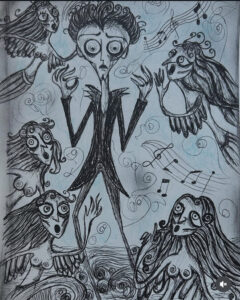 Black and white illustration of a wide-eyed figure surrounded by distorted faces and swirling lines, symbolizing panic disorder and overwhelming panic attack symptoms.