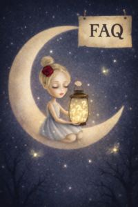 Illustration of a girl sitting on a crescent moon holding a lantern filled with question marks beside an FAQ sign, representing common questions about individual therapy New York, NYC and Florida for anxiety and depression.