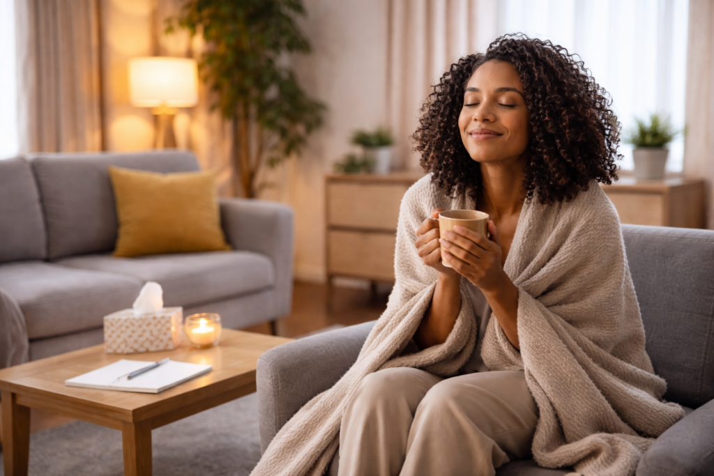 Woman sitting peacefully in a therapist’s office after individual therapy for anxiety and depression in New York City and Florida, holding a warm cup in a calm, soothing setting.