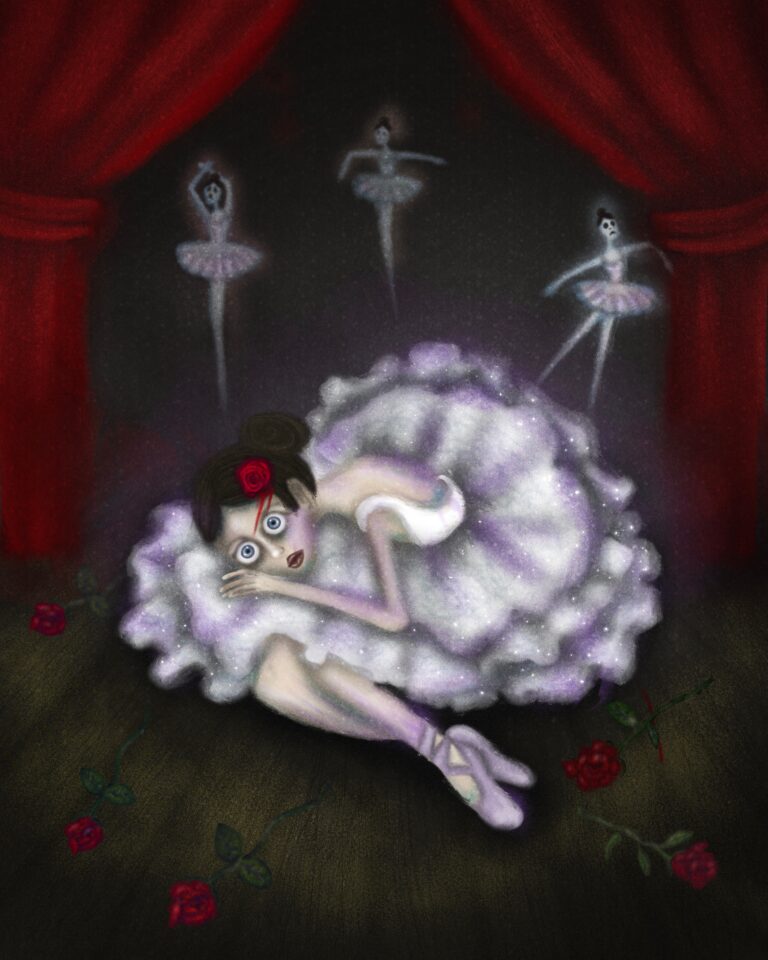 Surreal illustration of a ballerina curled on a stage floor under red curtains while ghostlike dancers float above, symbolizing social anxiety and fear of judgment.
