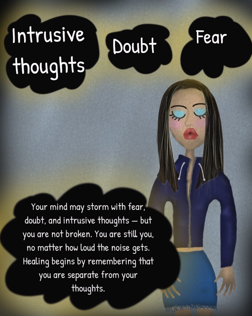 Illustration of a woman surrounded by words like intrusive thoughts and doubt, representing obsessive-compulsive disorder and anxiety. Artwork used on OCD therapy New York City page to illustrate the internal experience of OCD.