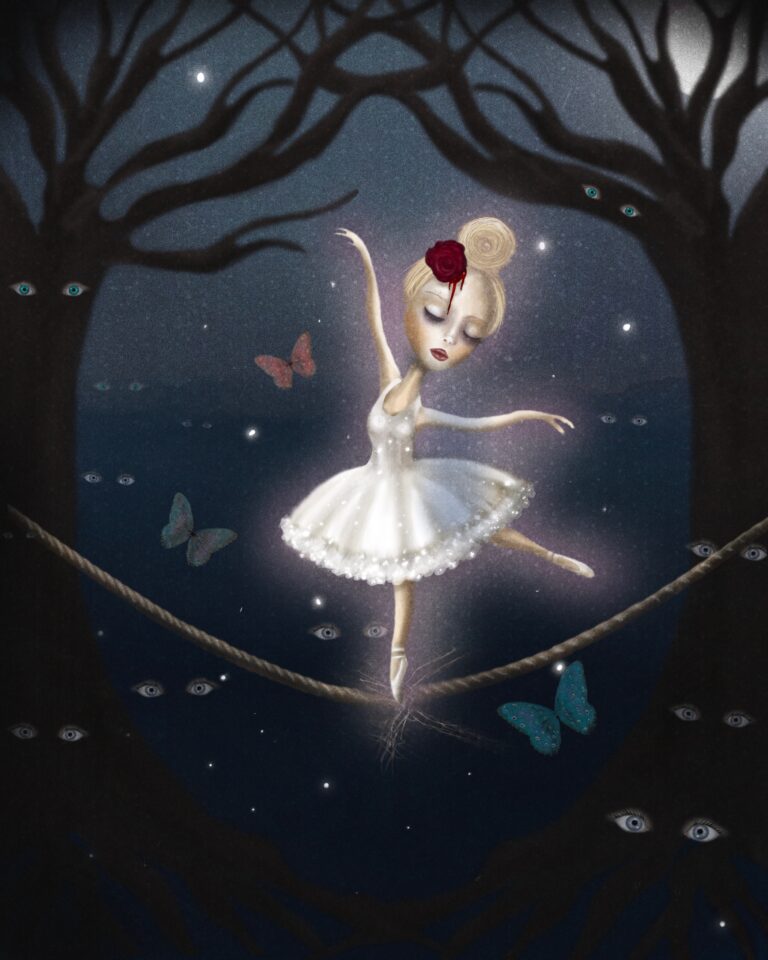 Ballerina balancing on a tightrope in a dark forest surrounded by watchful eyes, symbolizing anxiety, depression, and the emotional strain addressed in individual therapy for anxiety and depression NYC and Florida