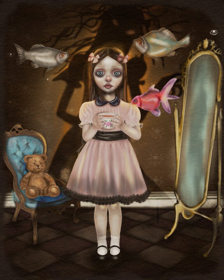 Surreal illustration representing OCD treatment and ERP therapy in New York City NYC and Florida, showing a young girl with looming shadow and floating fish symbolizing intrusive thoughts, compulsions, rumination, and obsessive compulsive disorder anxiety.