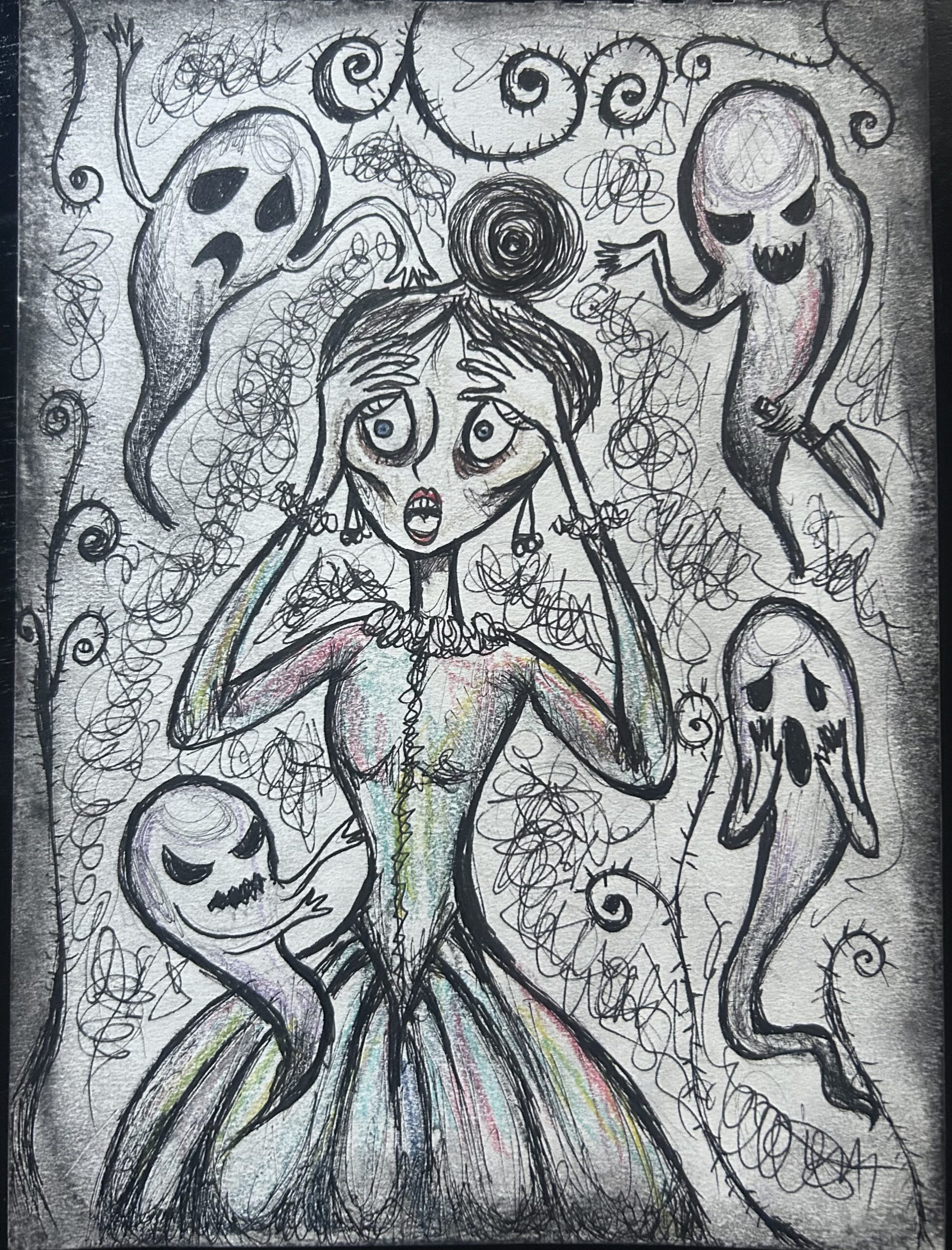 Illustration representing harm OCD, showing a distressed woman surrounded by ghostlike intrusive thoughts and dark figures symbolizing unwanted violent obsessions and anxiety.