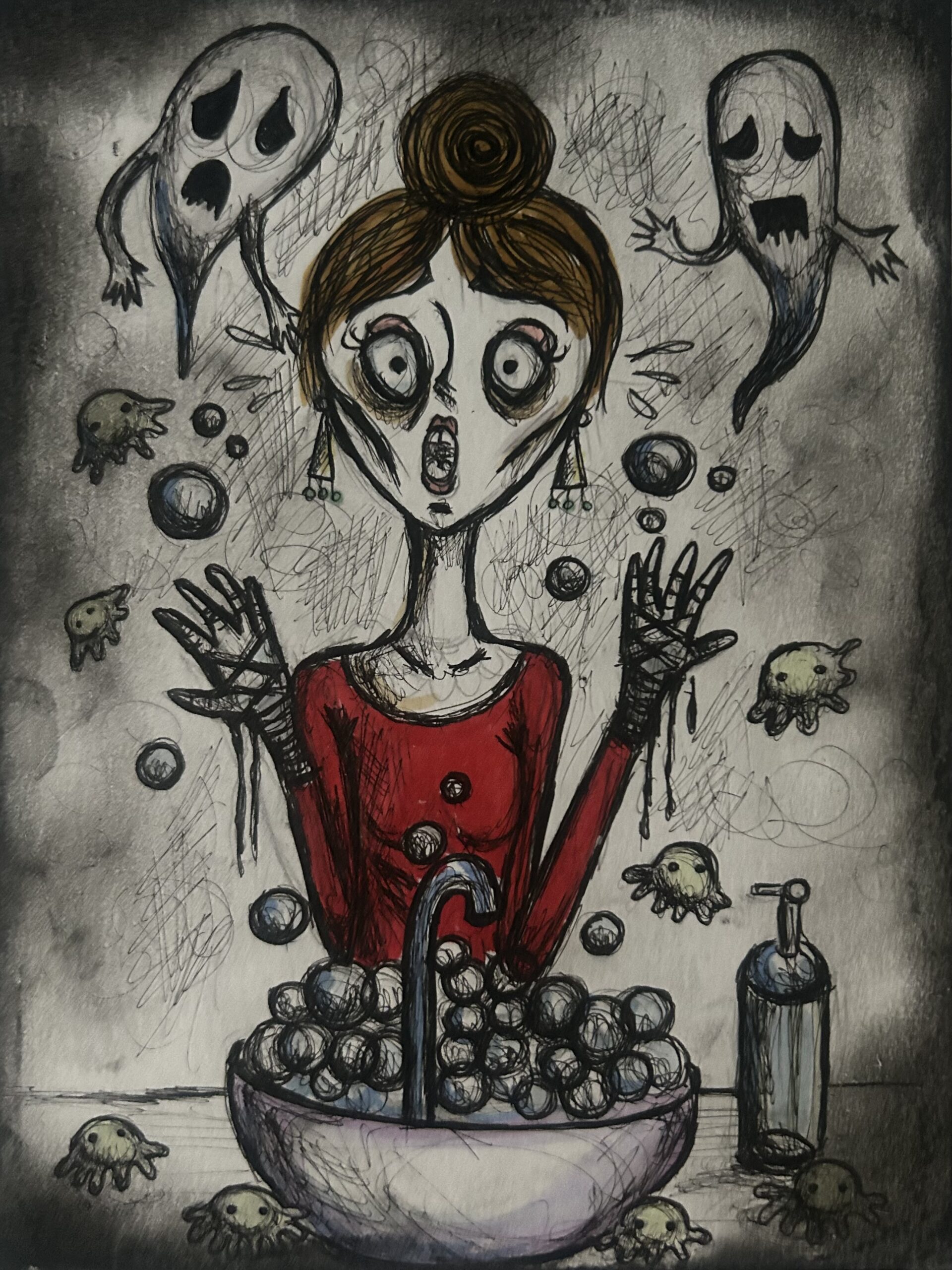 Illustration of a distressed woman repeatedly washing her hands in a sink while ghost-like thoughts and germs surround her, symbolizing contamination OCD and the feeling that washing cannot remove intrusive fears.