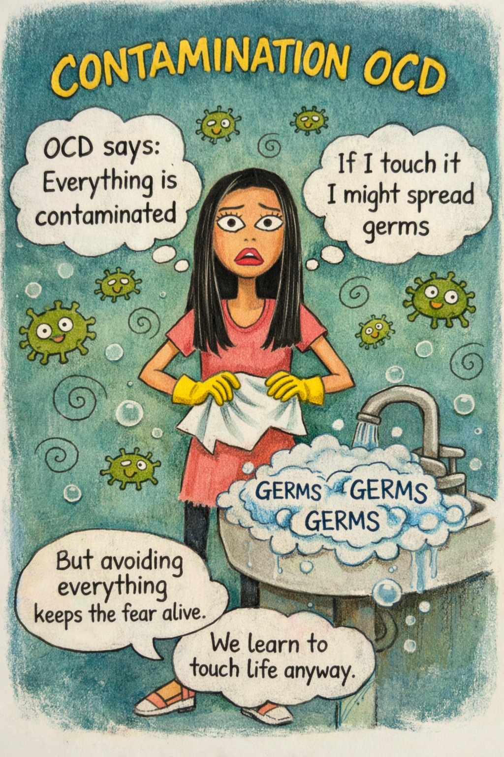 Illustration explaining contamination OCD, showing intrusive fears about germs, compulsive cleaning behaviors, and how exposure and response prevention (ERP) helps break the OCD cycle.