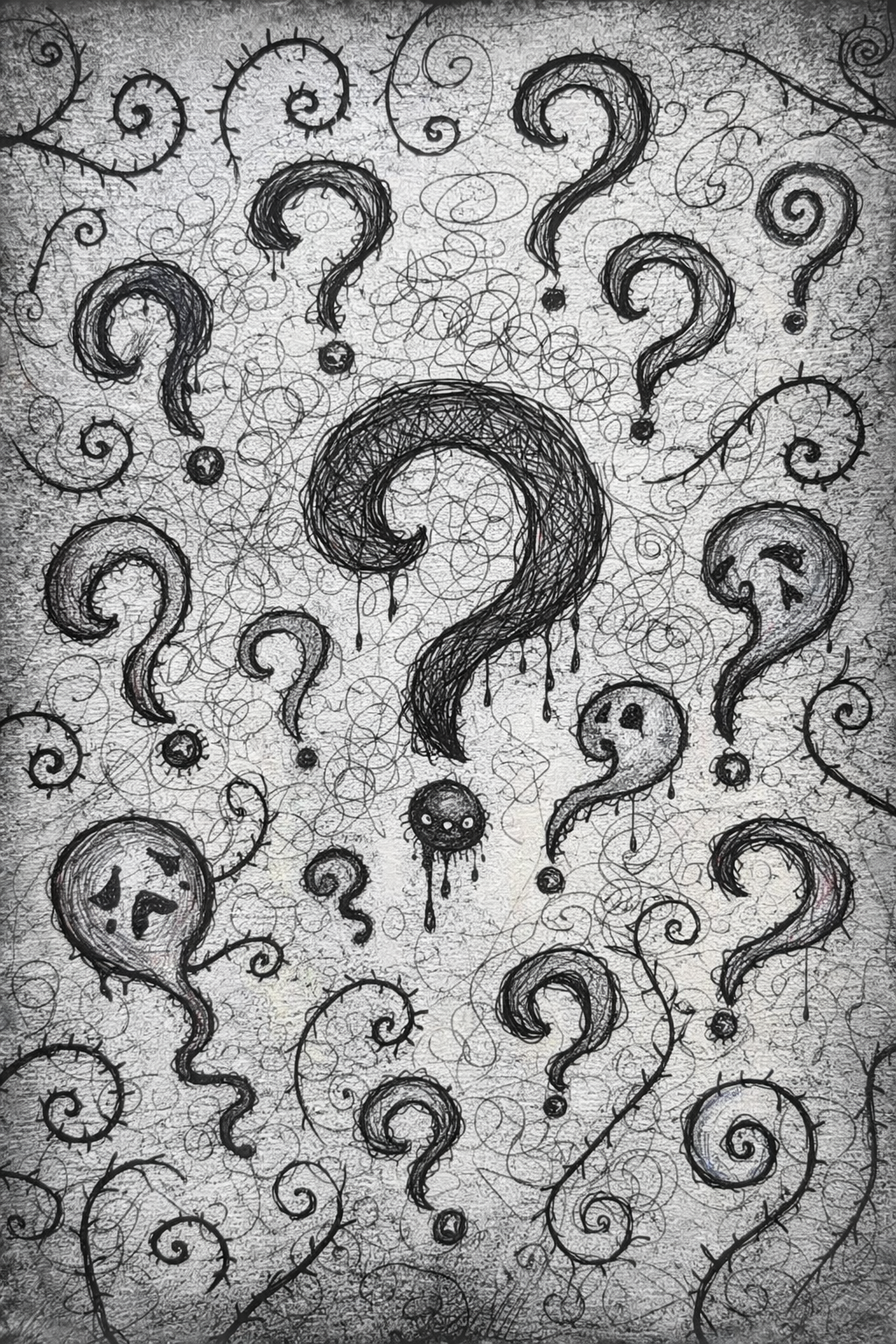 Intrusive question marks swirling in a chaotic pattern symbolizing harm OCD and violent intrusive thoughts that create fear and uncertainty.