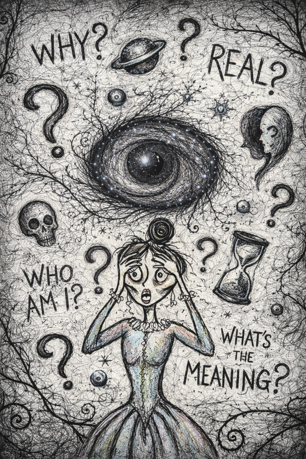 Illustration of a distressed woman surrounded by swirling questions like “Why?”, “Who am I?” and “What’s the meaning?” symbolizing existential OCD and intrusive philosophical doubts.
