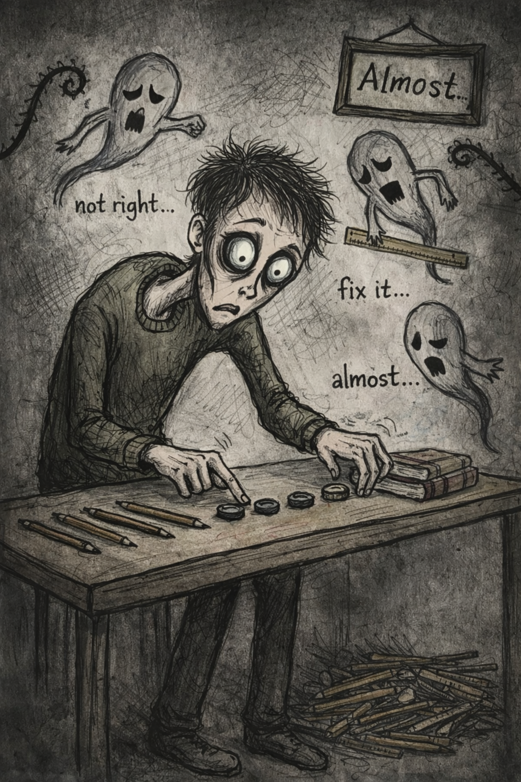 Hand drawn illustration of a distressed man repeatedly aligning pencils and objects on a table while ghostlike thoughts whisper “not right,” “fix it,” and “again,” symbolizing the urge for perfection in Just Right OCD.