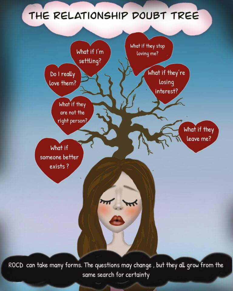 Relationship OCD doubt tree illustration showing intrusive thoughts like “do I love them” and “what if I’m settling,” representing ROCD patterns