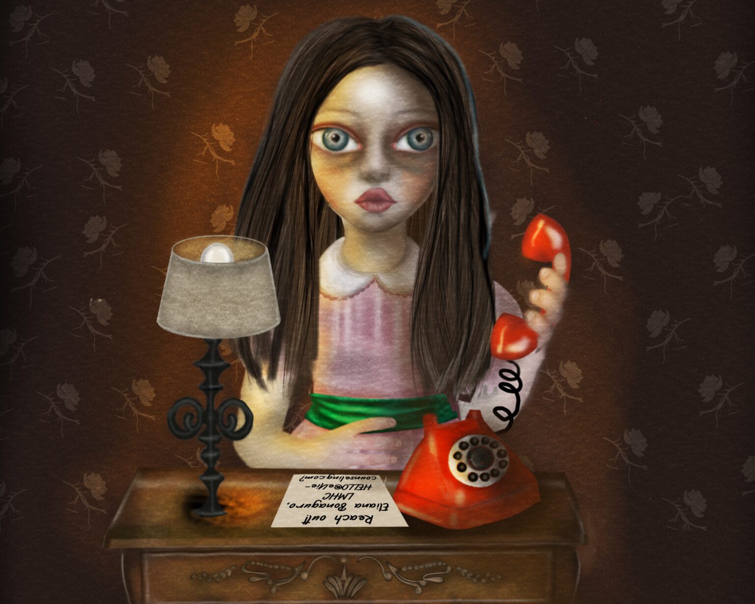 Illustration of a woman answering a vintage telephone representing reaching out for anxiety or OCD therapy with Eliana Bonaguro, LMHC.