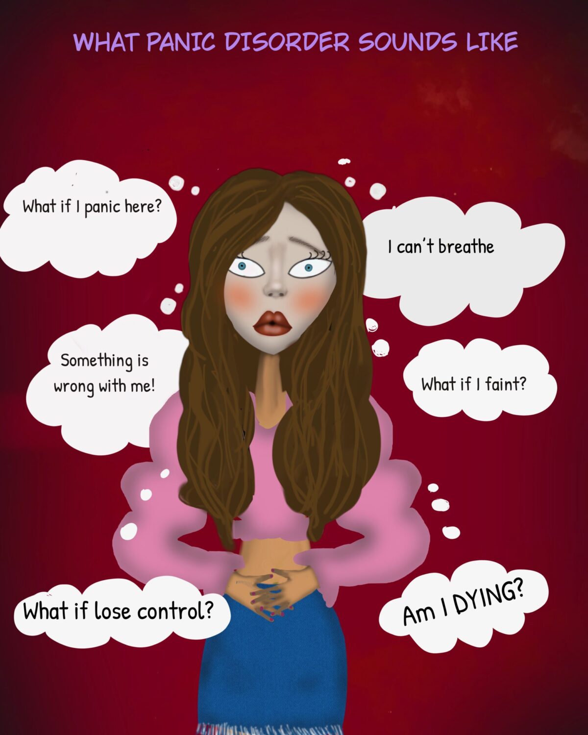 Illustration representing panic disorder symptoms and panic attack thoughts, including fear of fainting, losing control, difficulty breathing, and catastrophic thinking associated with anxiety and agoraphobia.