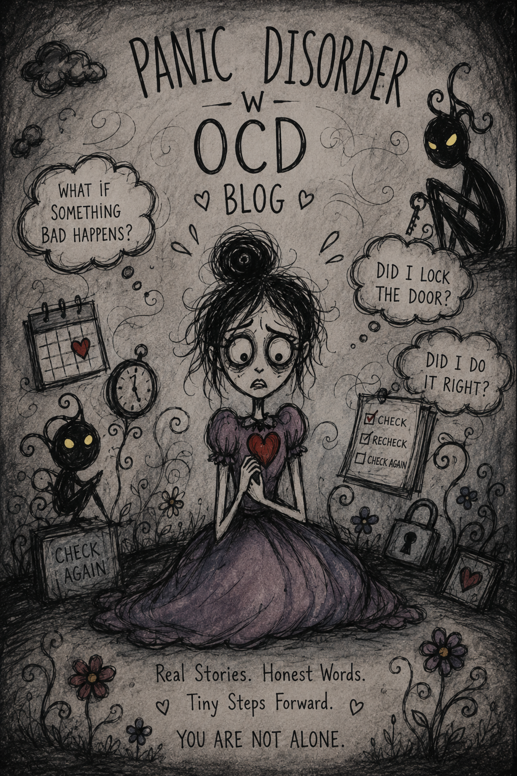 Illustration representing panic disorder and OCD, showing a woman surrounded by intrusive thoughts, compulsions, checking behaviors, and panic symptoms. Artwork accompanying a blog about panic disorder therapy NYC and OCD therapy NYC