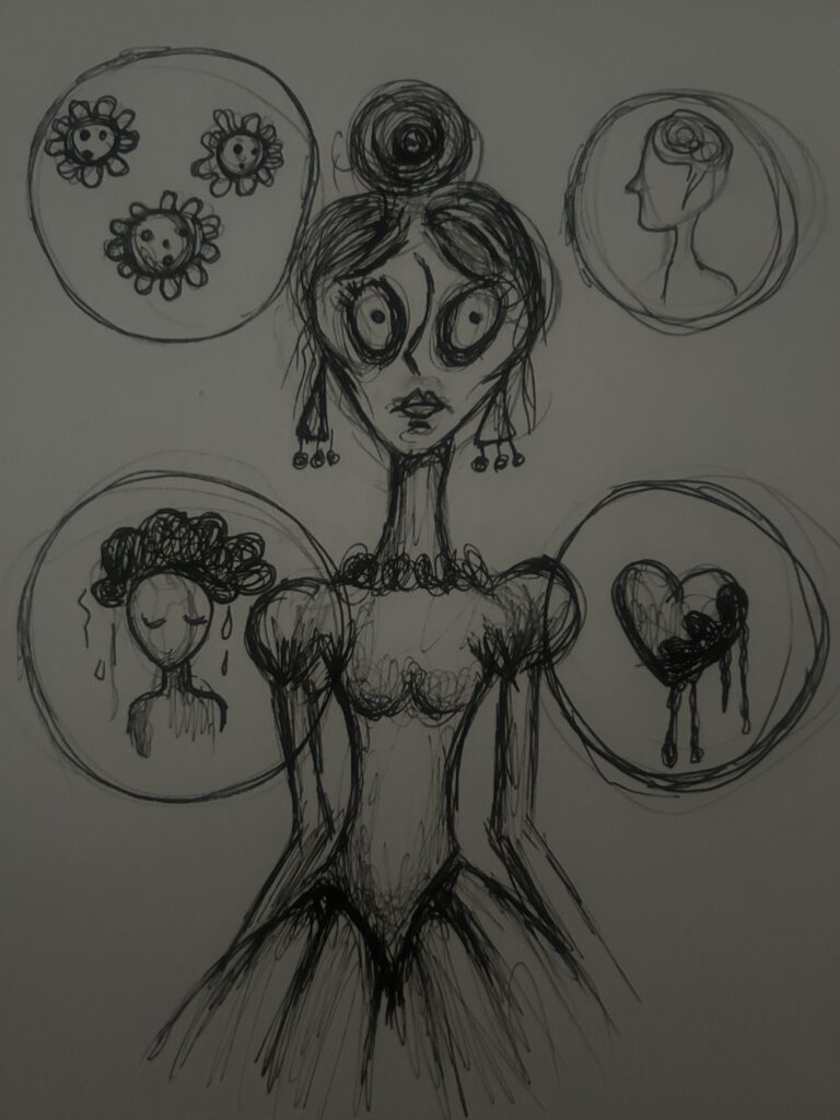 Hand-drawn illustration representing moral contamination OCD with symbols of emotional, mental, and moral contamination surrounding a distressed woman.