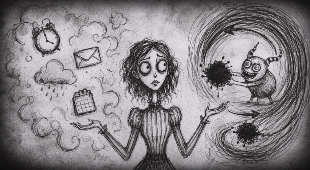 Illustration showing the difference between anxiety and OCD, including everyday worries and the repetitive obsession-compulsion cycle.