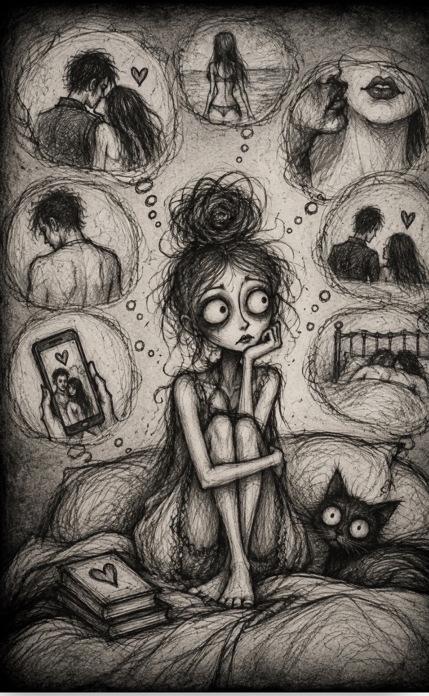 Black-and-white illustration of retroactive jealousy OCD, showing an anxious woman surrounded by intrusive thoughts about her partner’s past relationships.