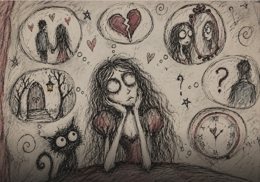 Hand-drawn illustration showing different types of relationship OCD and ROCD themes