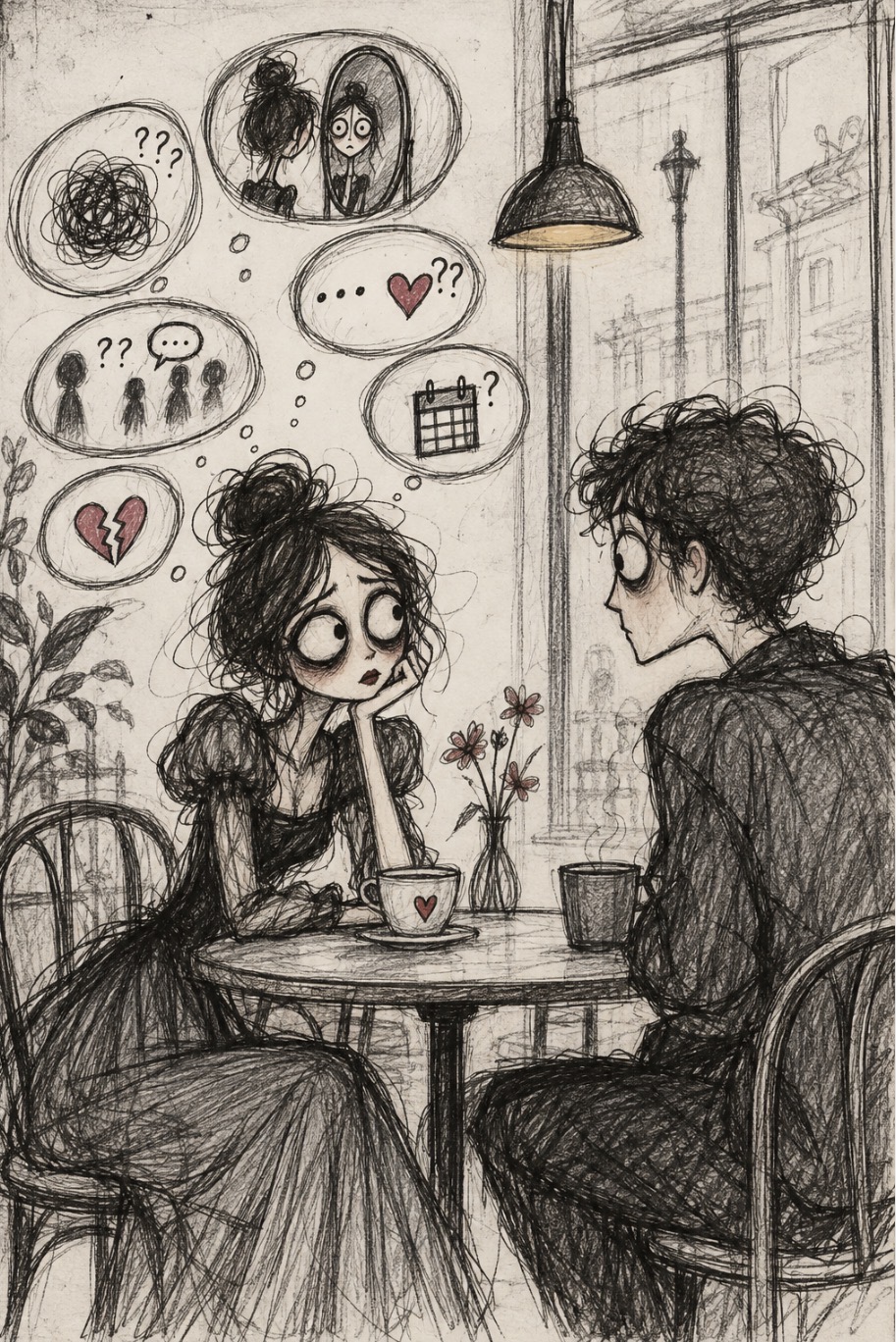 Black-and-white illustration of an anxious woman on a first date, surrounded by thoughts of rejection and judgment.