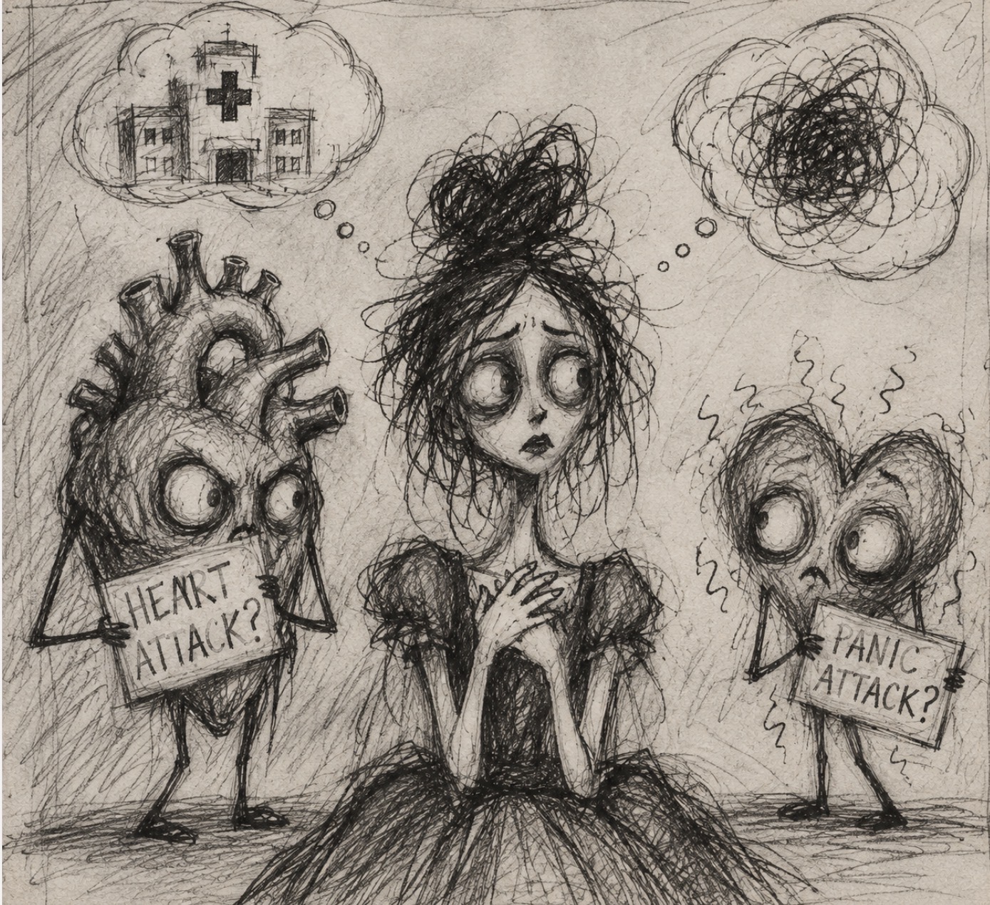 Hand-drawn illustration of an anxious woman between two hearts representing a panic attack and heart attack.