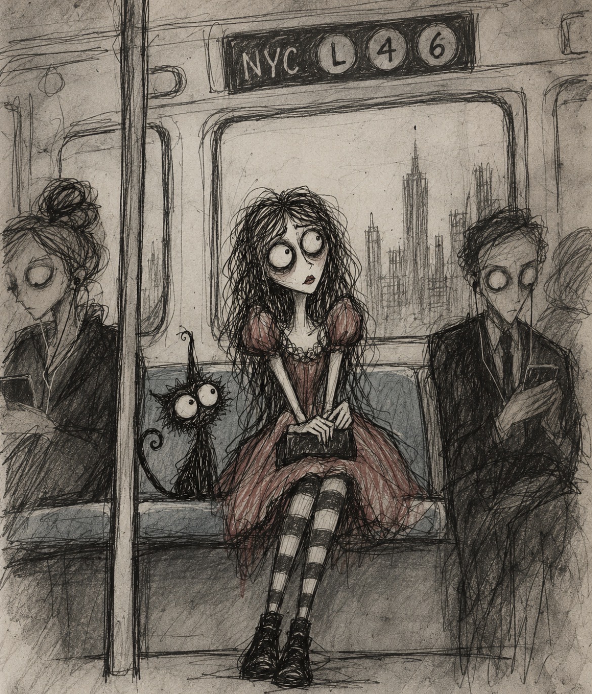 Panic attack on the NYC subway illustrated in a hand-drawn style